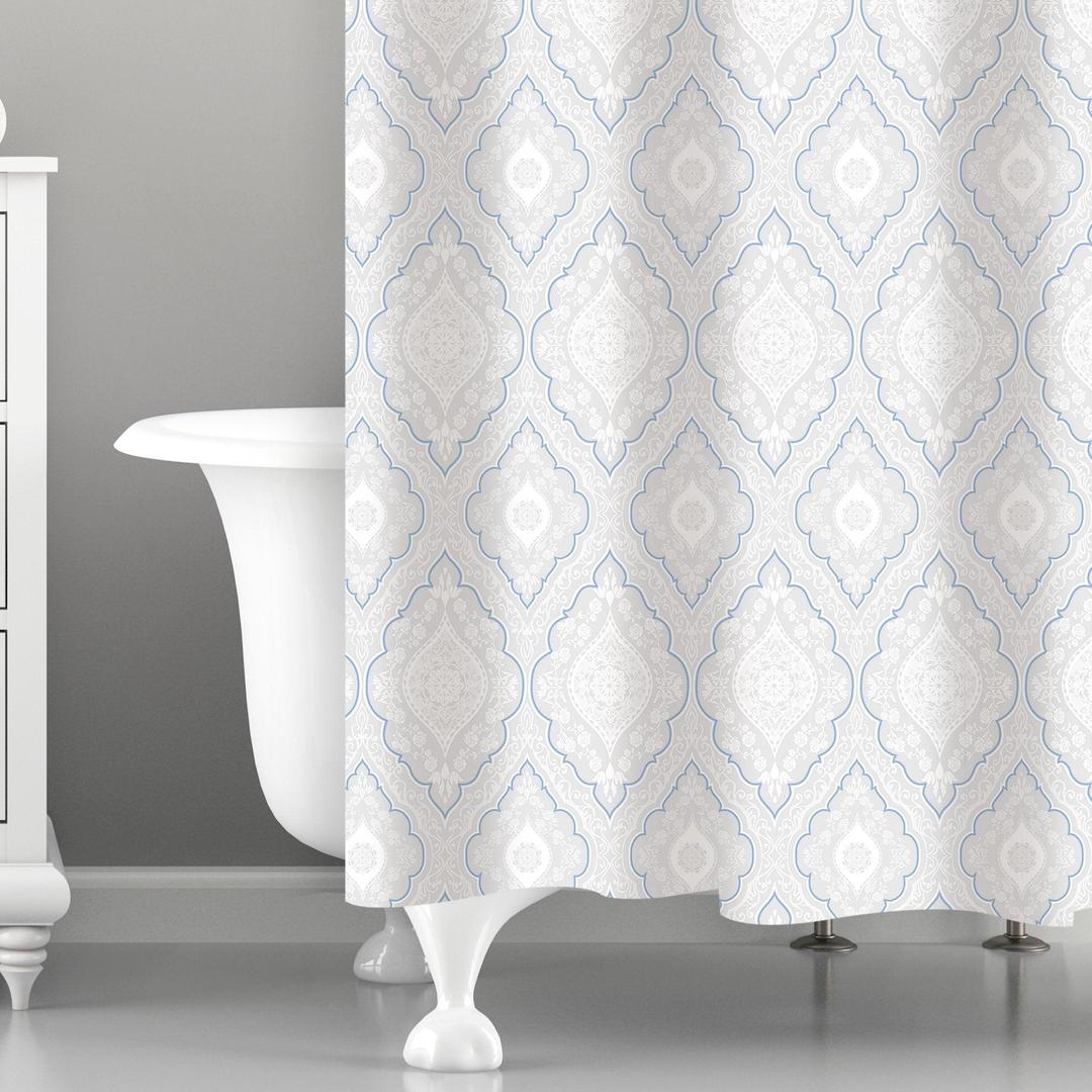 Bath Bliss White/Blue Moroccan Design PE and EVA Shower Curtain, 70" x 72"