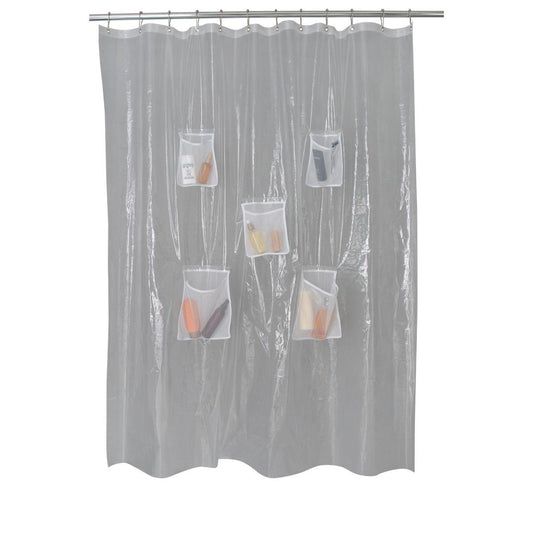 Bath Bliss Heavyweight PEVA Shower Liner - 70" x 72" with 5 Mesh Pockets for Storage of Tech, Tablets, iPads