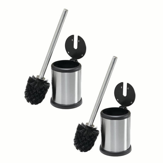 Bath Bliss Stainless Steel 2 Pack Self Closing Lid Toilet Brush and Holder, Finger Print Proof, Compact, Small Space, 6980-2PK, Silver