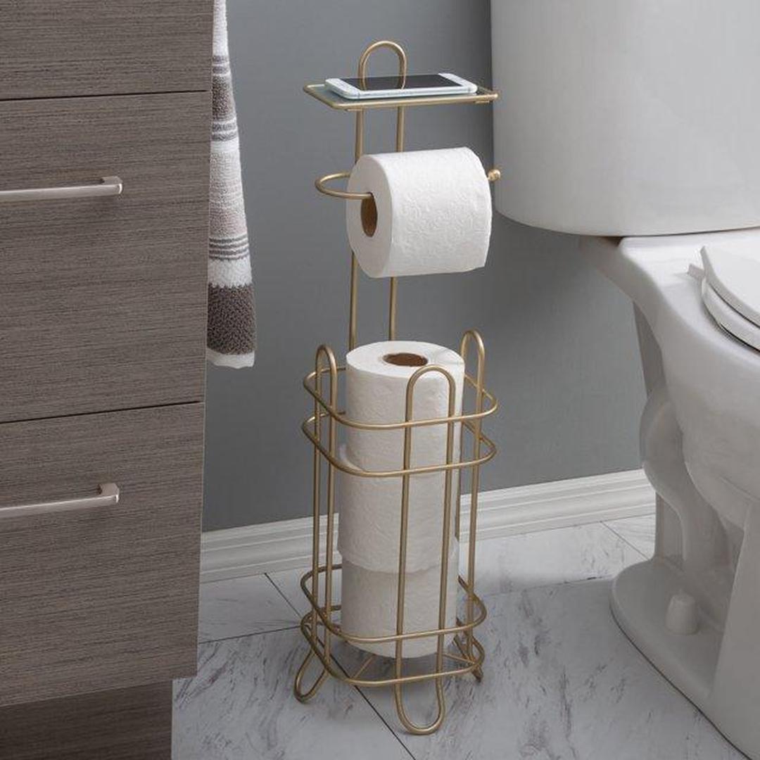 ELLE Home Limoges Collection Satin Gold Toilet Paper Dispenser with Phone Shelf