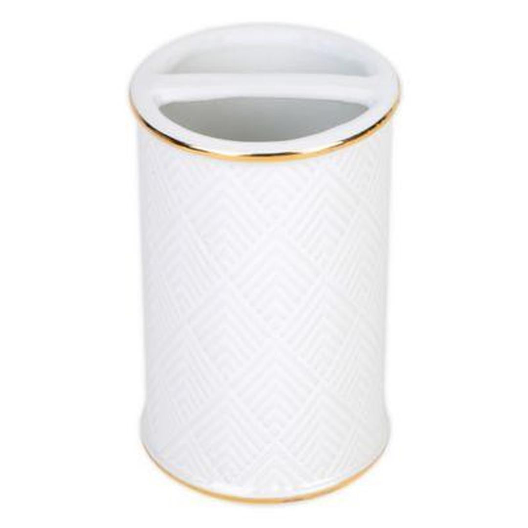 Elle Decor Embossed Ceramic Toothbrush Holder in White/gold