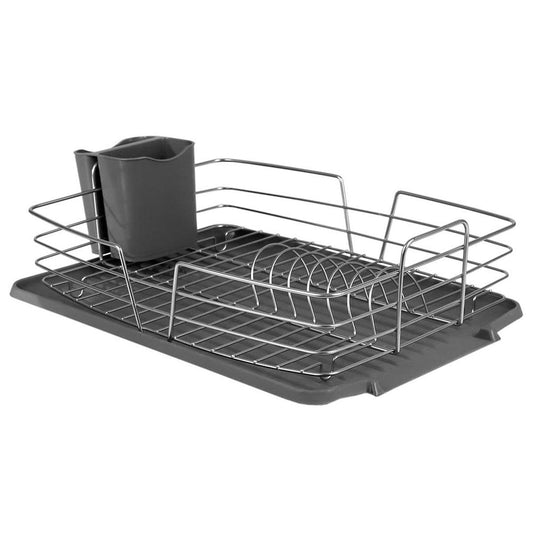 Michael Graves Design Deluxe Dish Rack with Satin Nickel Finish Wire and Removable Dual Compartment Utensil Holder, Grey/Silver