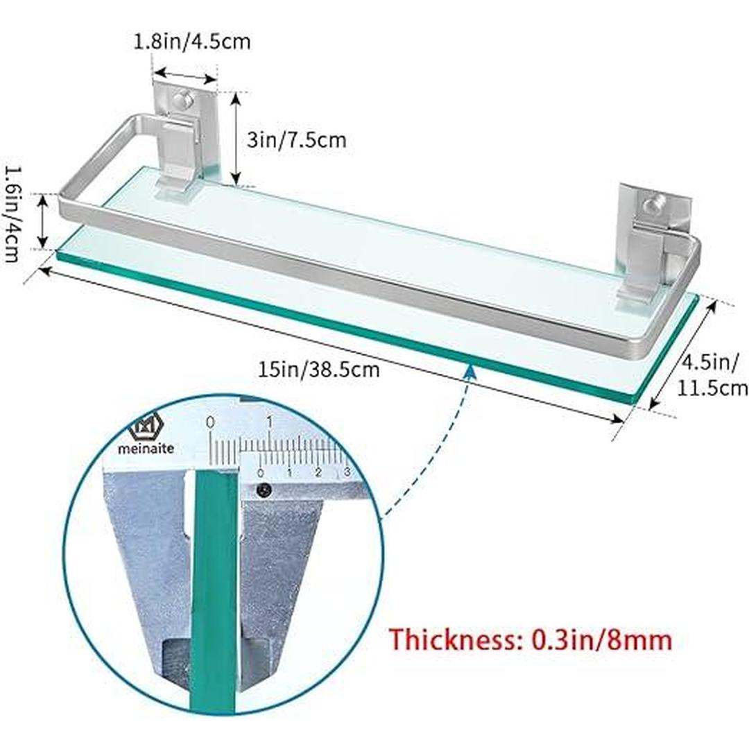 Glass Bathroom Shelf with Rail, 15" x 4.5" Rectangular Shower Caddy, Wall Mounted Floating Shampoo Holder for Lavatory, Kitchen, Living Room