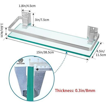 Glass Bathroom Shelf with Rail, 15" x 4.5" Rectangular Shower Caddy, Wall Mounted Floating Shampoo Holder for Lavatory, Kitchen, Living Room