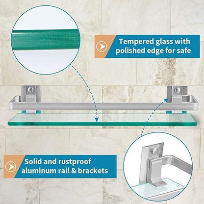 Glass Bathroom Shelf with Rail, 15" x 4.5" Rectangular Shower Caddy, Wall Mounted Floating Shampoo Holder for Lavatory, Kitchen, Living Room