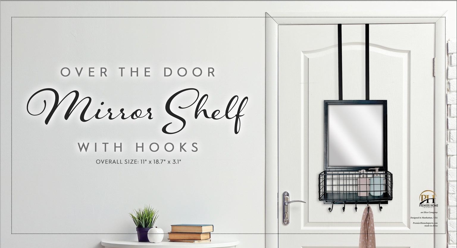 WALL DECORATION WITH BASKET & HOOKS IN BLACK & WHITE - SIZE: 11" x 18.7" x 3.1"