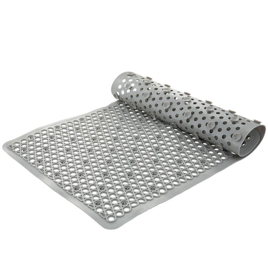 Grey Bath Mat with Drain Holes and Skid-Resistant Suction Cups