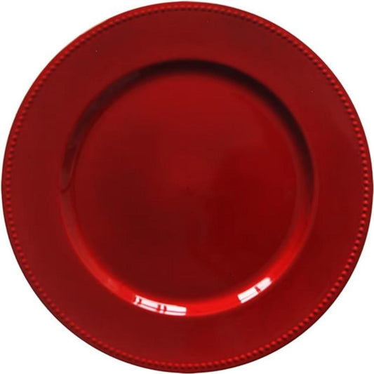 Red Plastic Beaded Charger Plate - 13 Inch Round Wedding Party Decoration Charger Plates (Red)