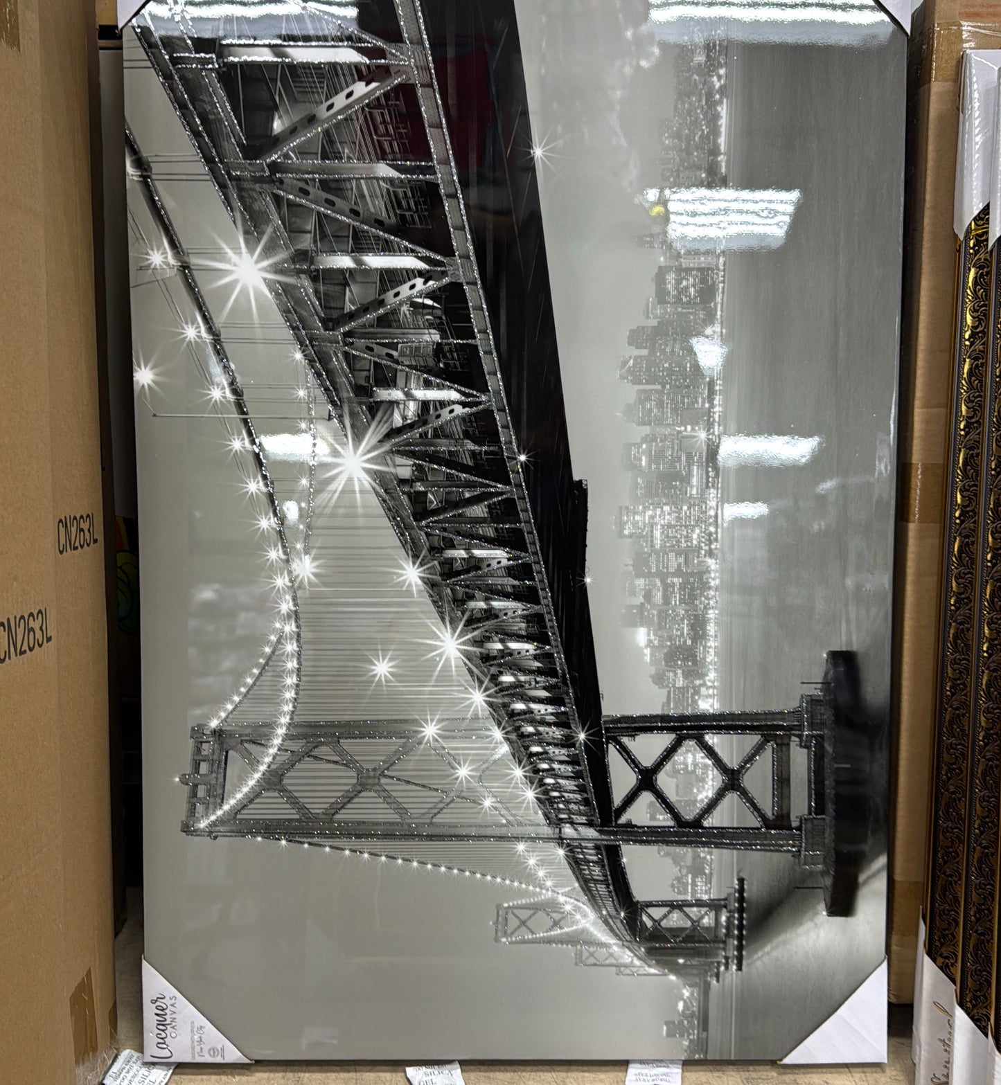 NIGHTFALL OVER THE BRIDGE - LACQUER CANVAS W/ GLITTER SKETCHING - SIZE: 24" x 36"