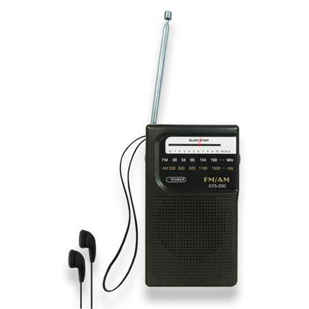 Eurostar ICFS-200 Portable AM/FM Radio with Speaker (Stereo Erbuds Included), Black