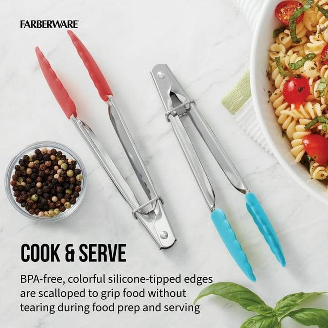 Farberware Stainless Steel Mini Locking Tongs with Silicone Tips, 2 Count, in Assorted Colors