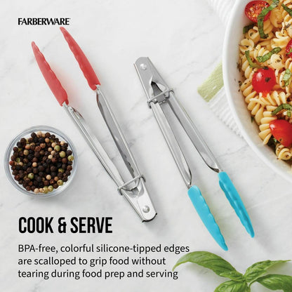 Farberware Stainless Steel Mini Locking Tongs with Silicone Tips, 2 Count, in Assorted Colors