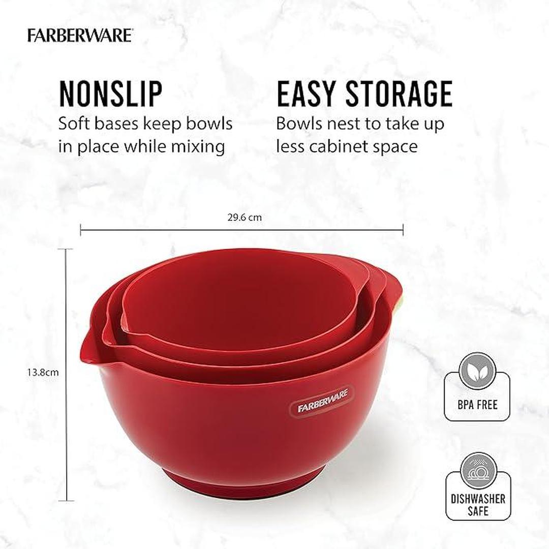 Farberware Classic Plastic Mixing Bowls, Red Set of 3, Small