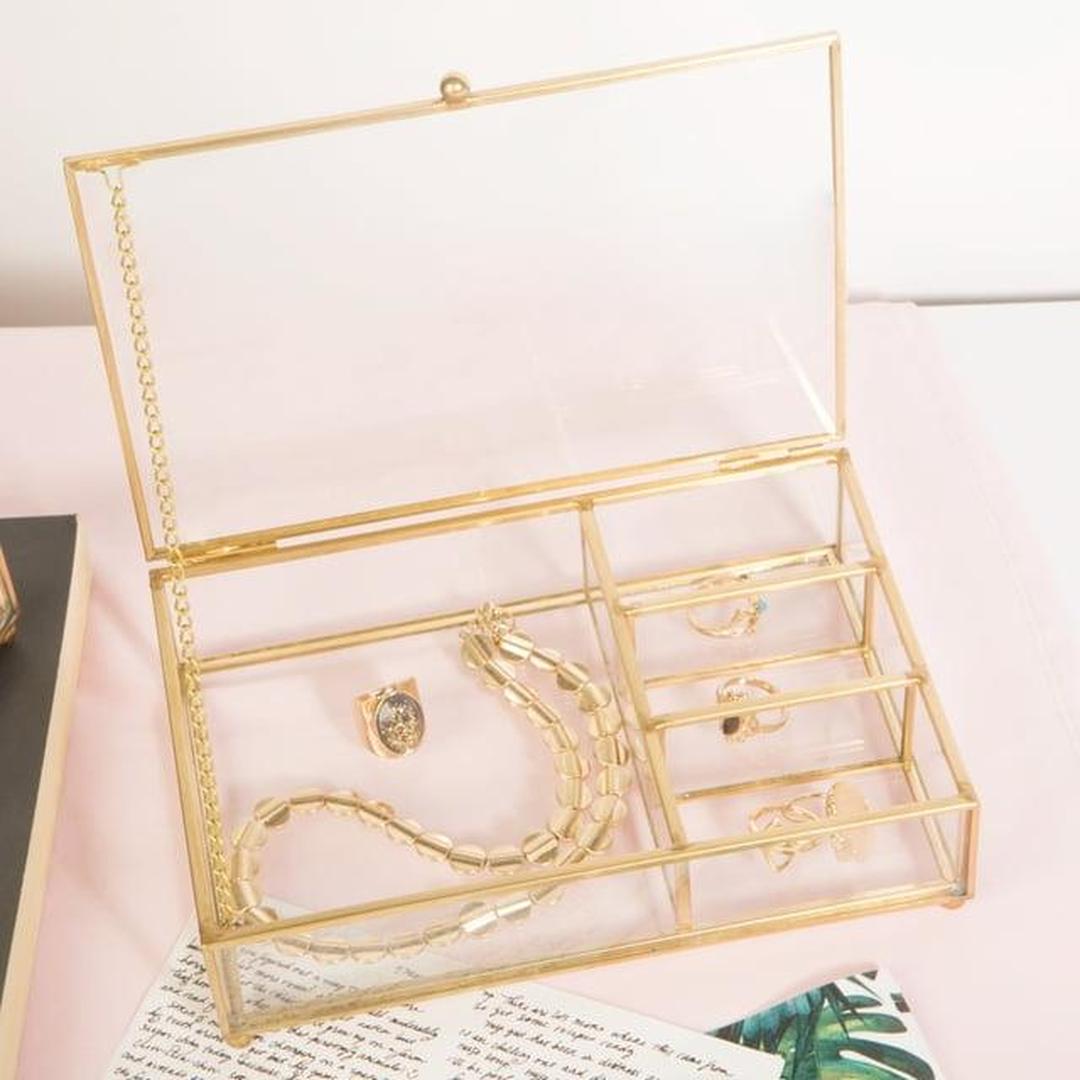 Home Details Vintage 4 Compartment Glass Unisex Cosmetic & Jewelry Keepsake Box in Gold
