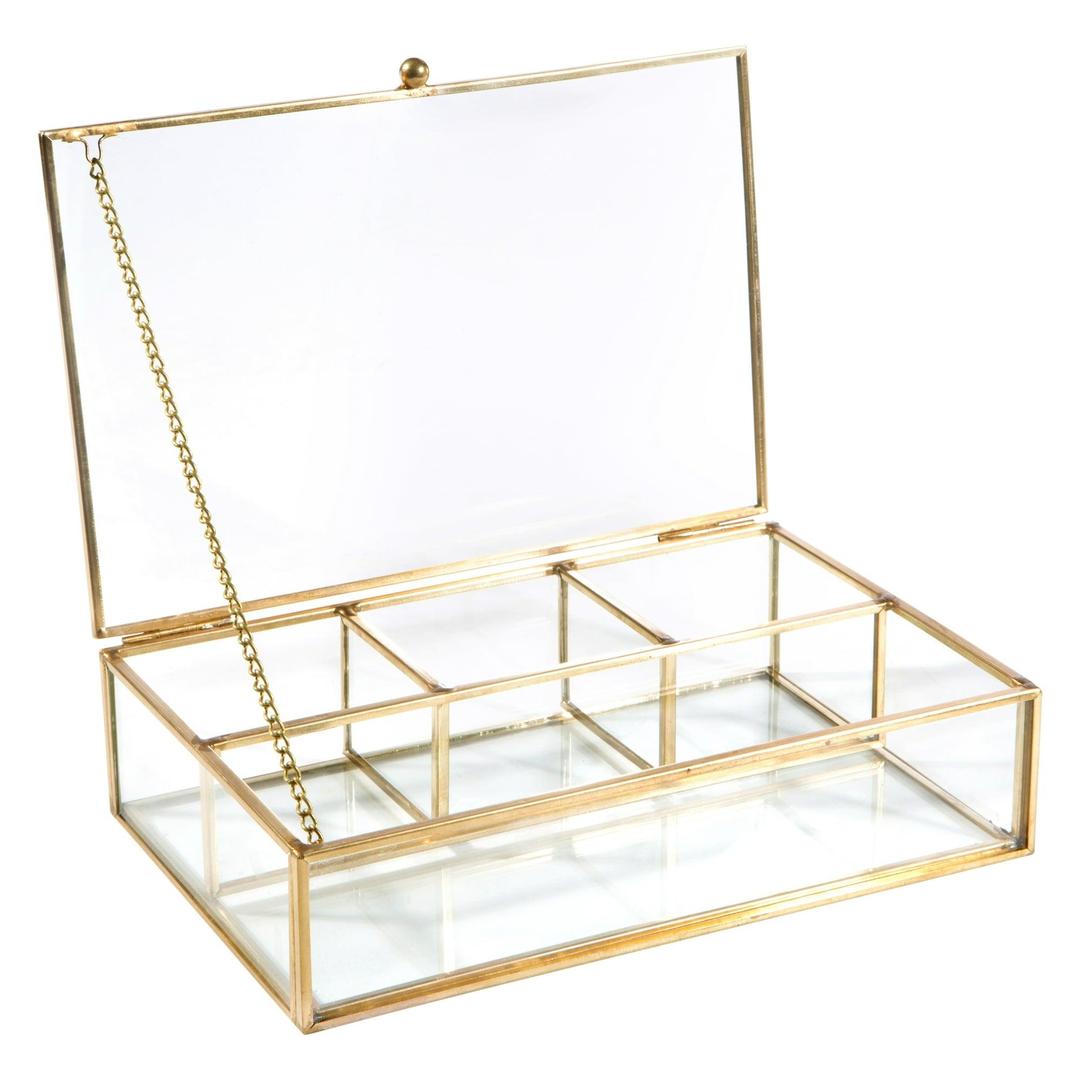 Home Details Vintage 4 Compartment Brass Glass Keepsake Box in Gold