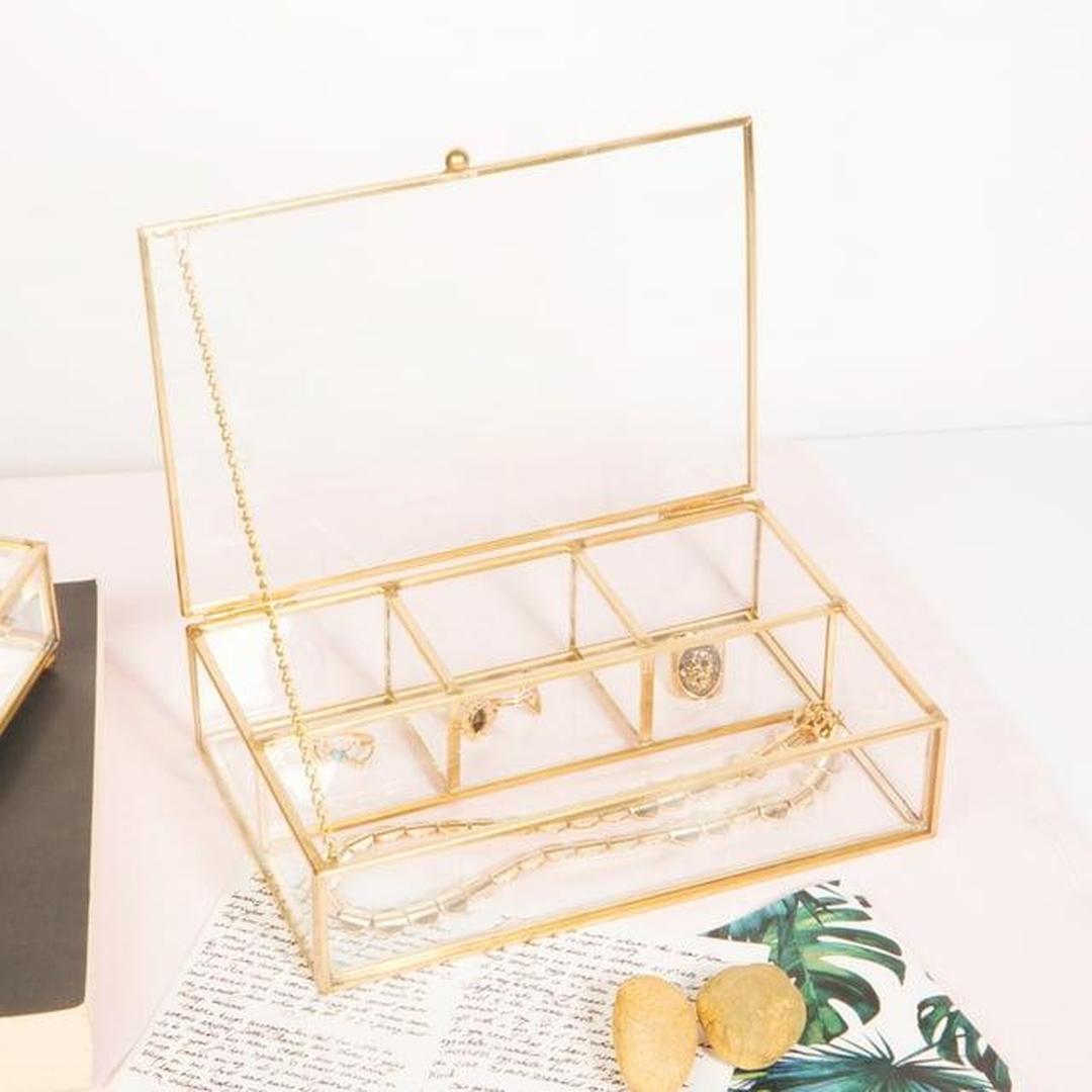 Home Details Vintage 4 Compartment Brass Glass Keepsake Box in Gold