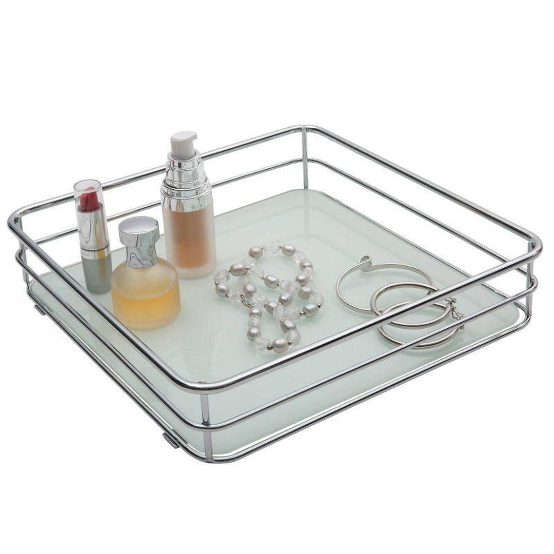 Square Vanity Tray with White Glass - Chrome