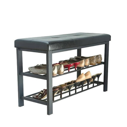 Simplify 2 Tier Faux Leather Entryway Bench with 8 Pair Shoe Storage in Black