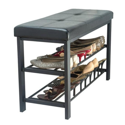 Simplify 2 Tier Faux Leather Entryway Bench with 8 Pair Shoe Storage in Black