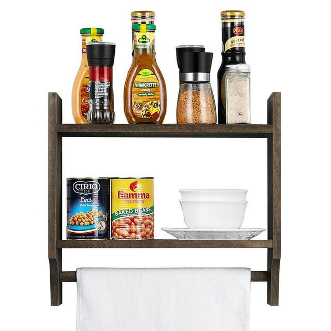2-Tier Wall-Mounted Wooden Storage Rack With a Hanging Towel Bar