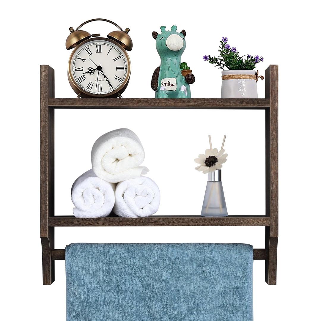2-Tier Wall-Mounted Wooden Storage Rack With a Hanging Towel Bar