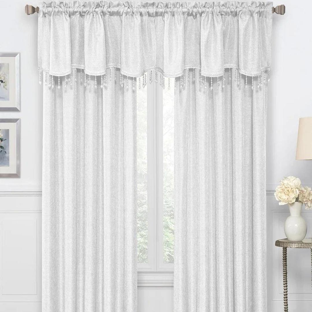 Gina Metallic Jacquard Rod Pocket Valance — White