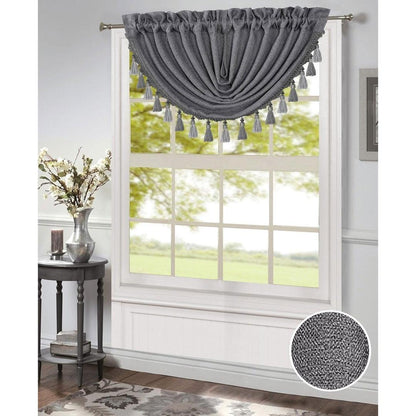 Timeless Elegance: Morgan Grey Rod Pocket Waterfall Valance with Fringe Tassels - 48x37 Inches