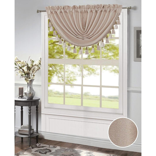 Timeless Elegance: Morgan Beige Rod Pocket Waterfall Valance with Fringe Tassels - 48x37 Inches