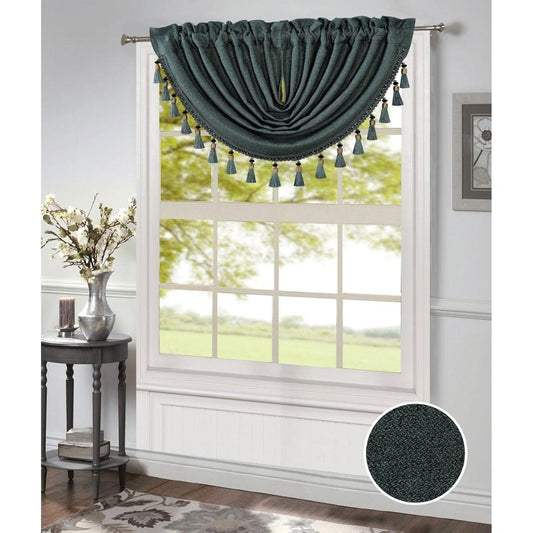Timeless Elegance: Morgan Green Rod Pocket Waterfall Valance with Fringe Tassels - 48x37 Inches