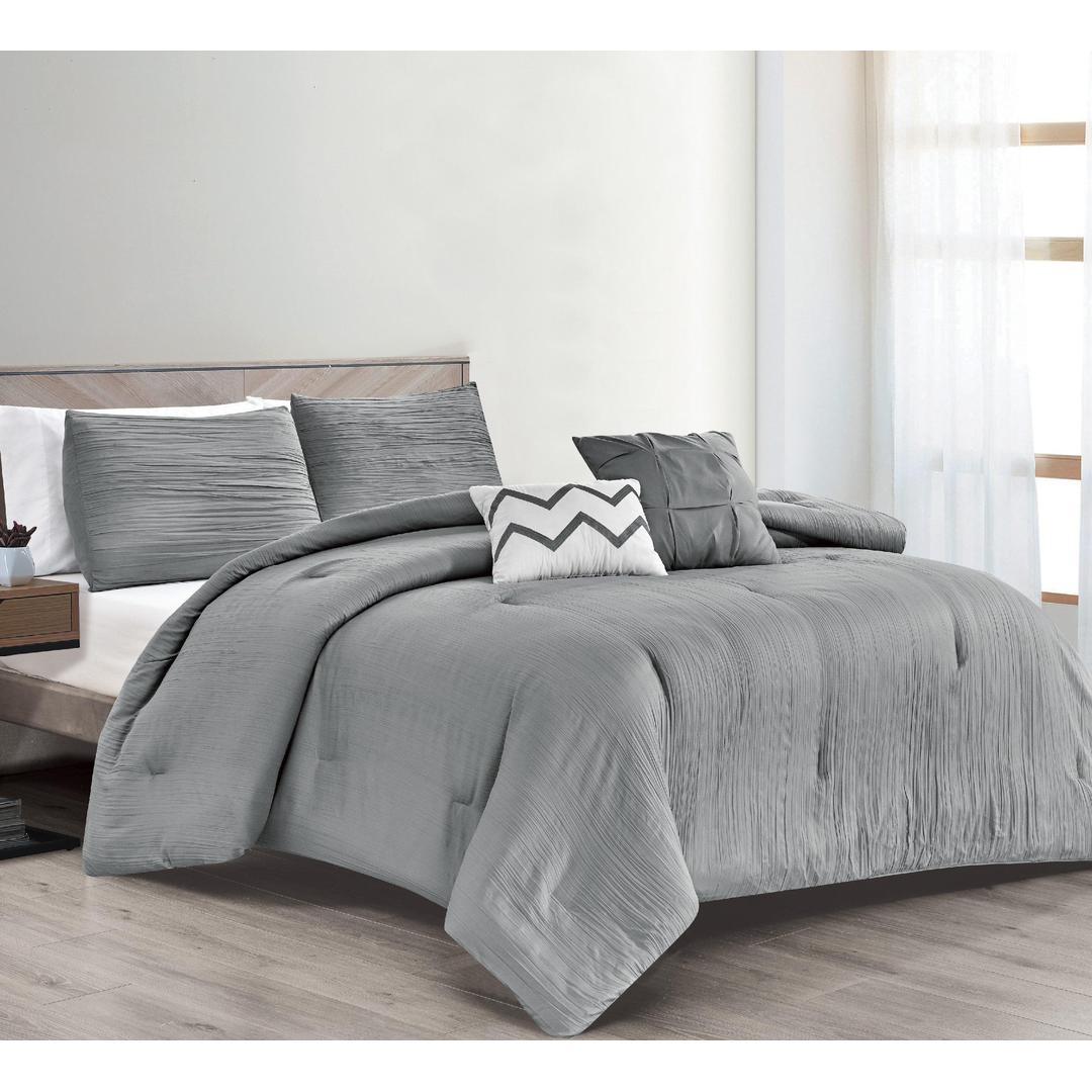 Essential Home Luxury 5-Piece Comforter Set in Grey - 1 Comforter, 2 King Shams, and 2 Decorative Pillows