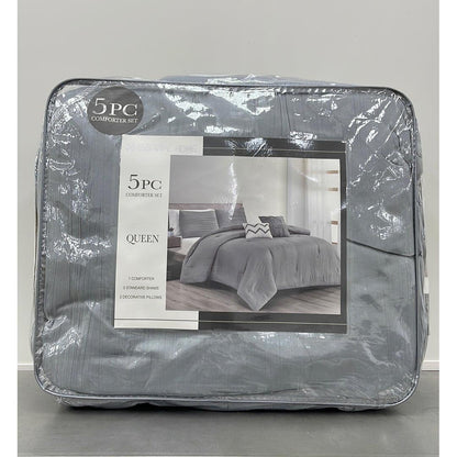 Essential Home Luxury 5-Piece Comforter Set in Grey - 1 Comforter, 2 King Shams, and 2 Decorative Pillows