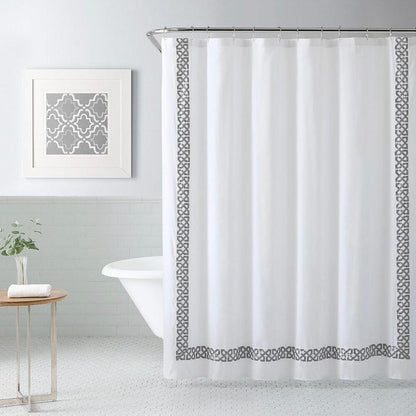 COMPASS Waterproof White Shower Curtain with a Decorative Grey border (183CM X 183CM)