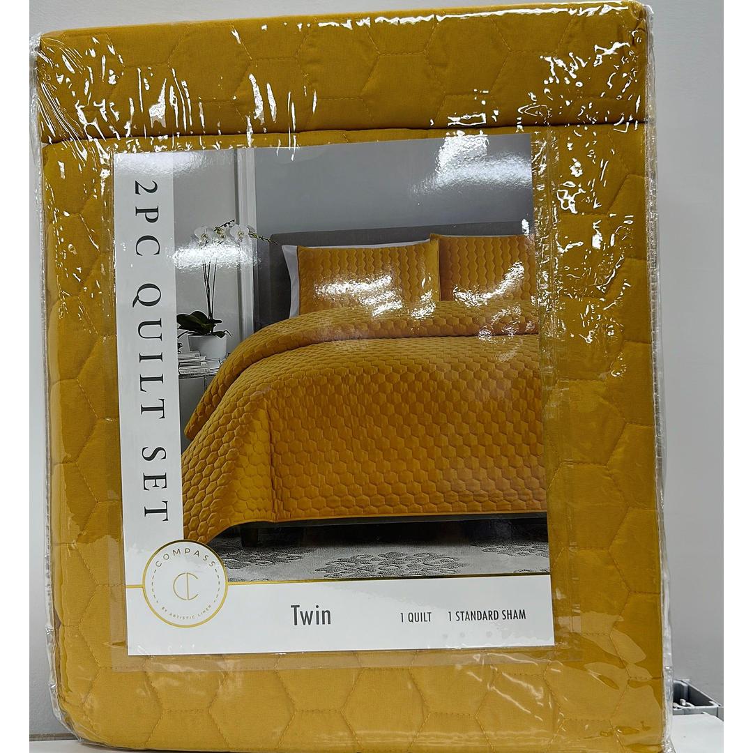 Twin Size Compass Quilt With Set Matching Pillow Shams, Lightweight Bedspread with Embossed Design, Quilted Coverlet - All-Season Bedding Basics, Mustard Yellow