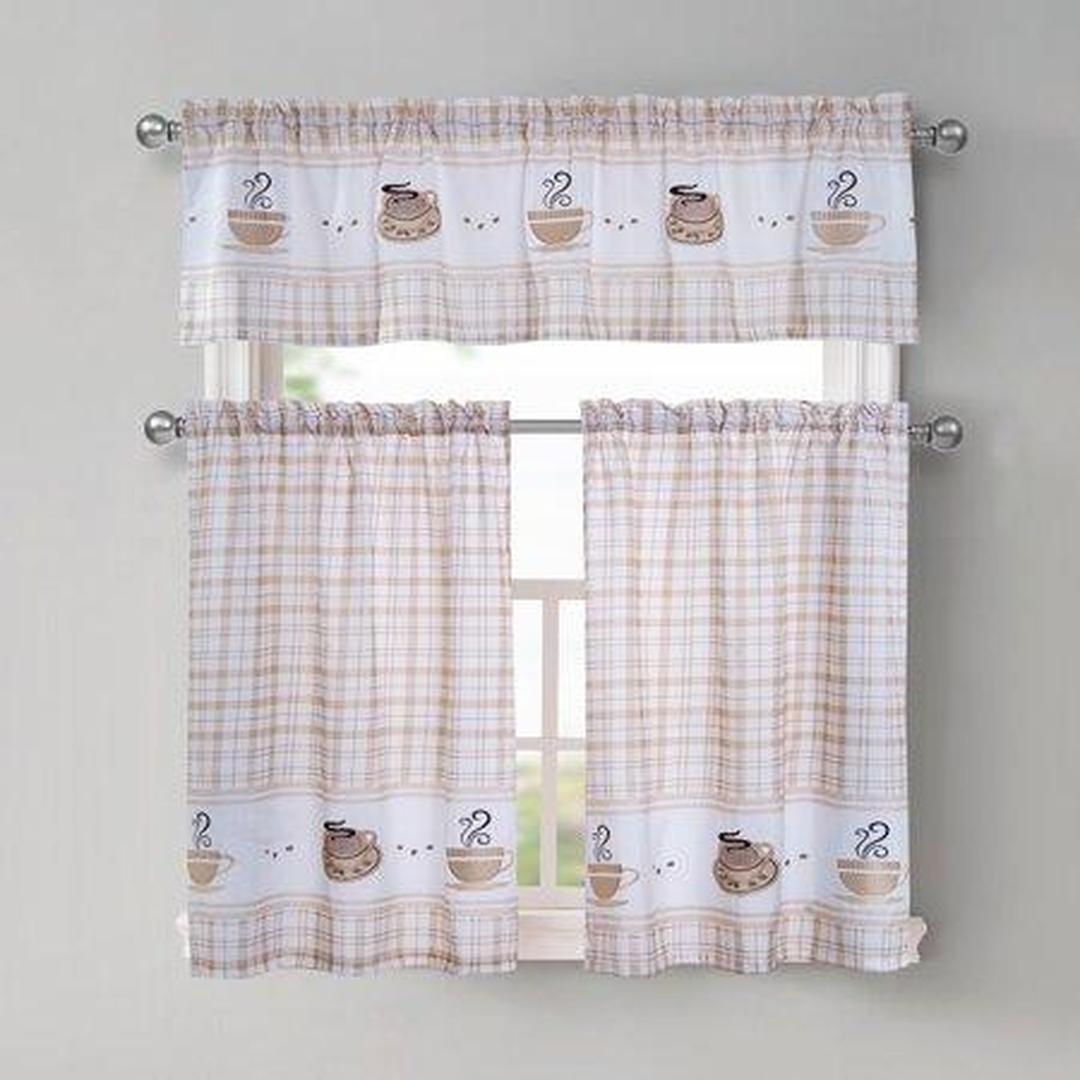 Coffee 3-Piece Plaid Embroidered Kitchen Curtain Set Natural 56x36 Inches