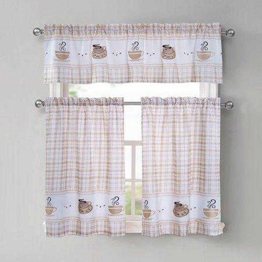 Coffee 3-Piece Plaid Embroidered Kitchen Curtain Set Natural 56x36 Inches