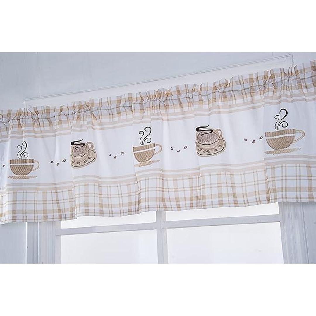 Coffee 3-Piece Plaid Embroidered Kitchen Curtain Set Natural 56x36 Inches