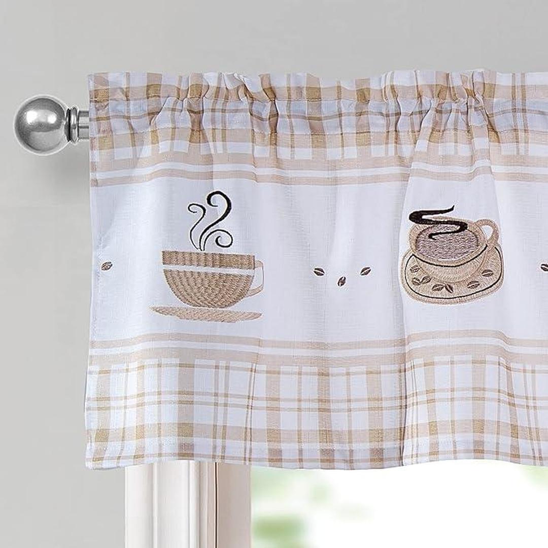 Coffee 3-Piece Plaid Embroidered Kitchen Curtain Set Natural 56x36 Inches