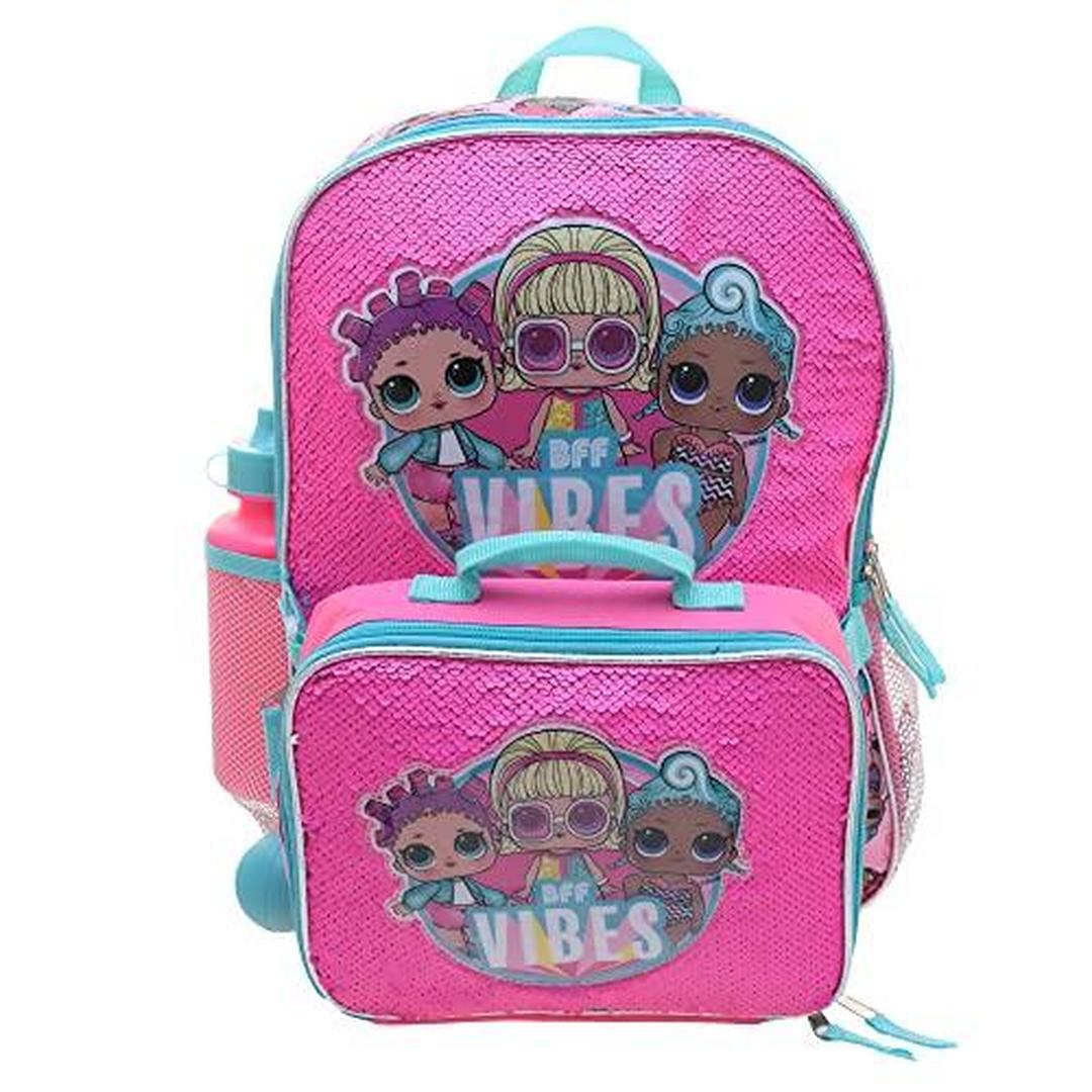 LOL Girl’s 4 Piece Backpack Set Sequin School Bag with Front Zip Pocket 2 Side Mesh Pockets Insulated Lunch Bag Water Bottle and Squish Ball Dan