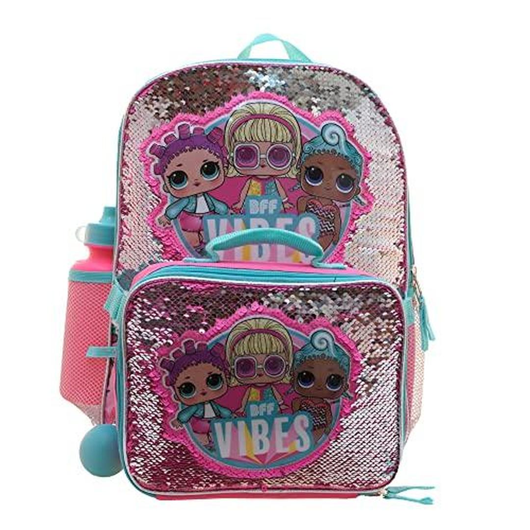 LOL Girl’s 4 Piece Backpack Set Sequin School Bag with Front Zip Pocket 2 Side Mesh Pockets Insulated Lunch Bag Water Bottle and Squish Ball Dan