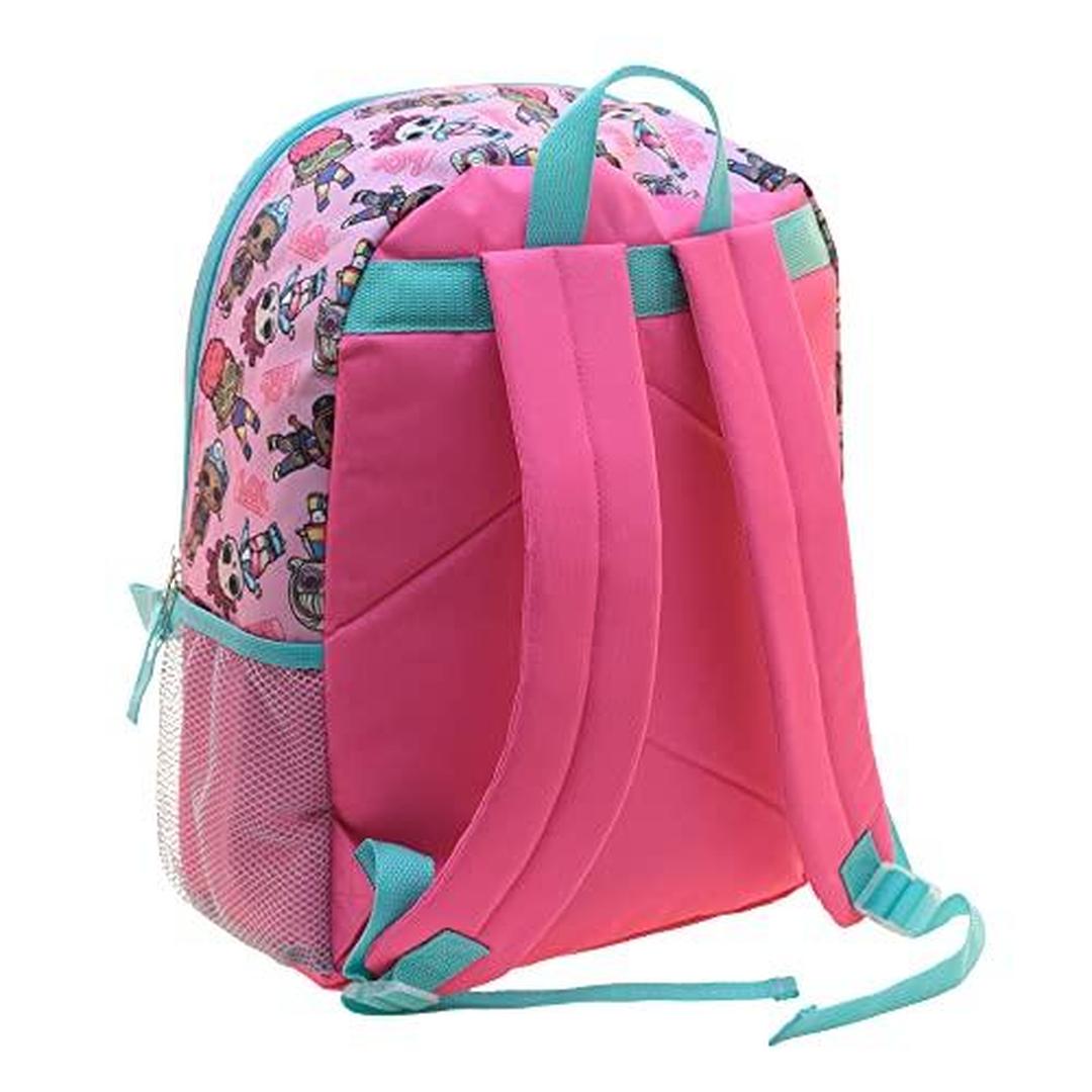LOL Girl’s 4 Piece Backpack Set Sequin School Bag with Front Zip Pocket 2 Side Mesh Pockets Insulated Lunch Bag Water Bottle and Squish Ball Dan