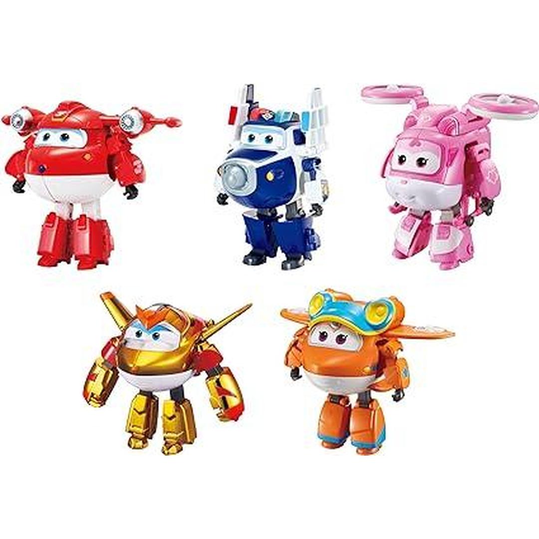 Super Wings 5" Transforming Toys 5-Pack, Supercharged Jett, Supercharged Paul, Supercharged Dizzy, Golden Boy & Sunny Airplane Toys Action Figures, Preschool Toy Plane for 3 4 5 Year Old Kids