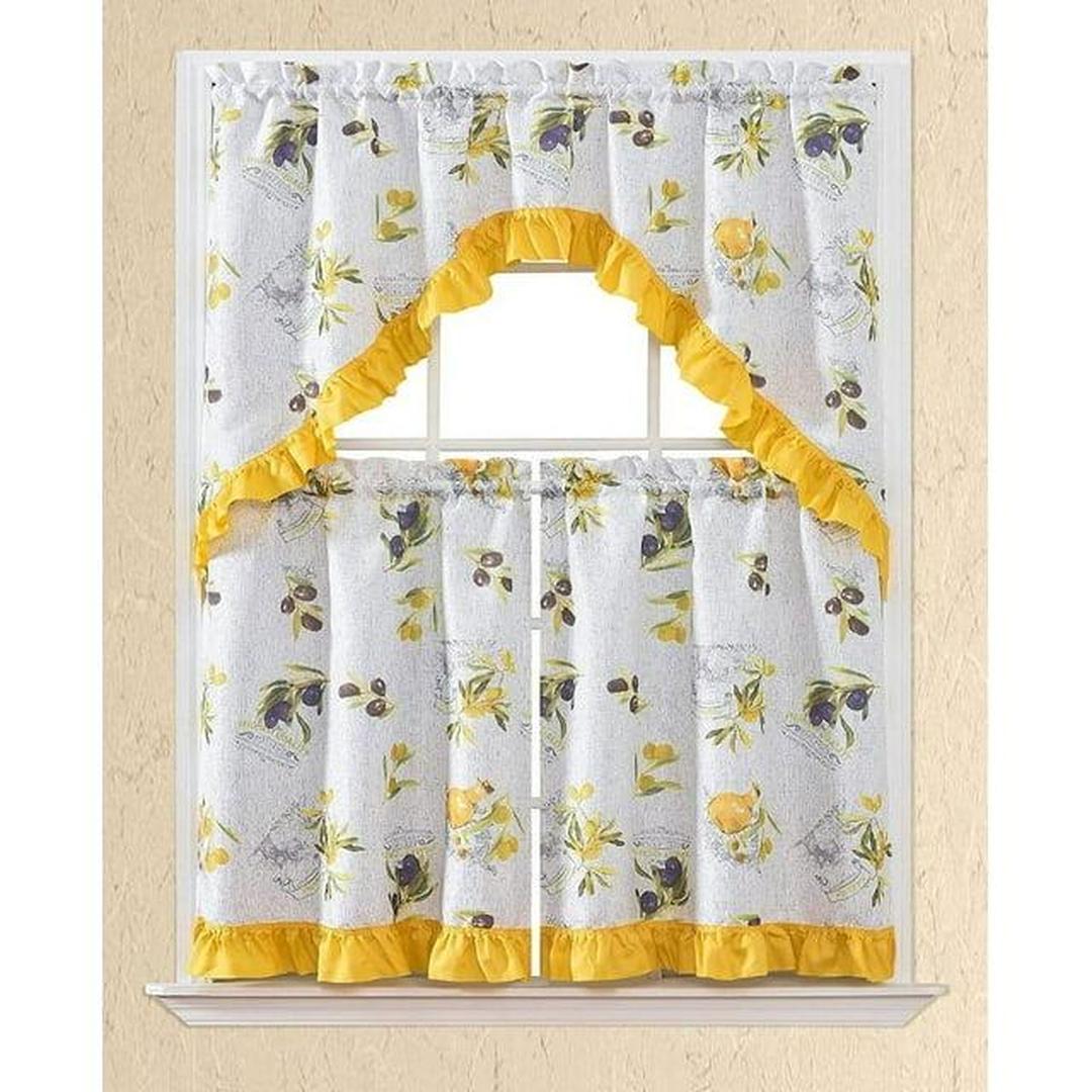 3 Piece Kitchen Curtain Swag Set, Window Treatment Olive Printed Design Valdorcia