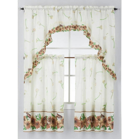 3PC Printed Kitchen Curtain Tiers and Swag Valance 36" Long Set - Flowers