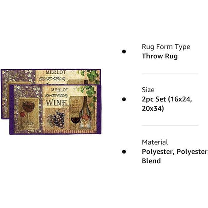 Bordeaux Wine 2pc Kitchen Rug Set 16x24 Rectangle and 20x34 Rectangle