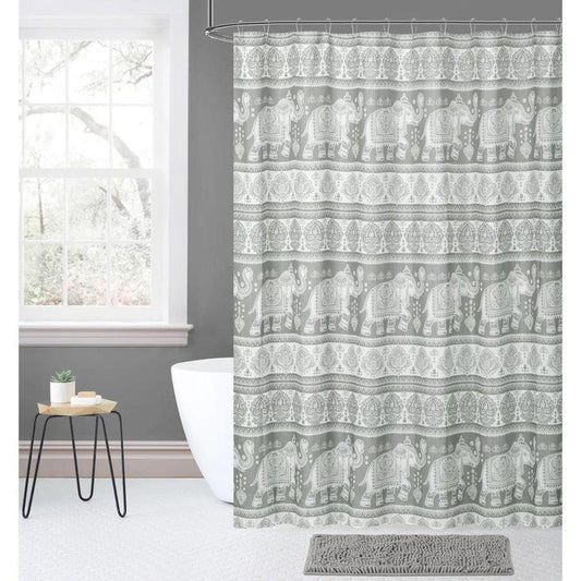 Kashi Home Hazel 14 pc Fabric Shower Curtain, Chenille Bath Rug Mat & Roller Hooks, Bathroom Accessory Set
