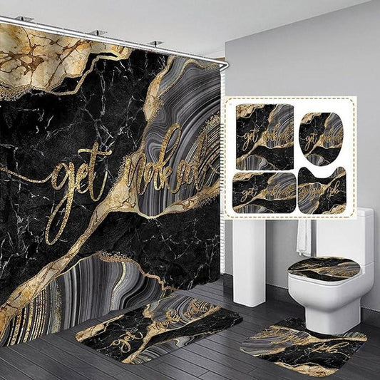 Jayden Madge Grey Black Marble Shower Curtain Set, Waterproof Fabric Shower Curtain