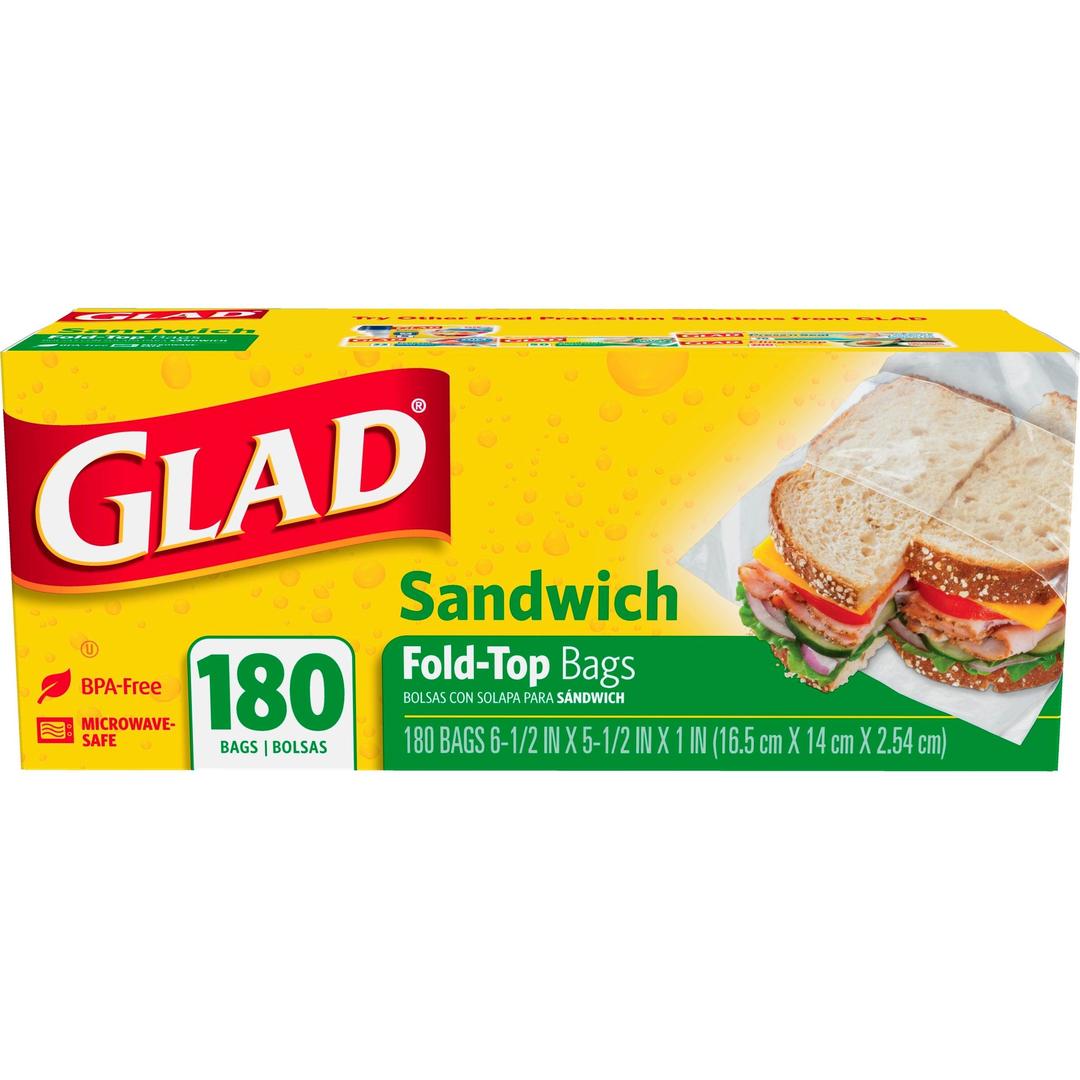 Glad 60771 Fold-Top Sandwich Bags, 6 1/2 x 5 1/2, Clear, 180 per Box, 12 Pack