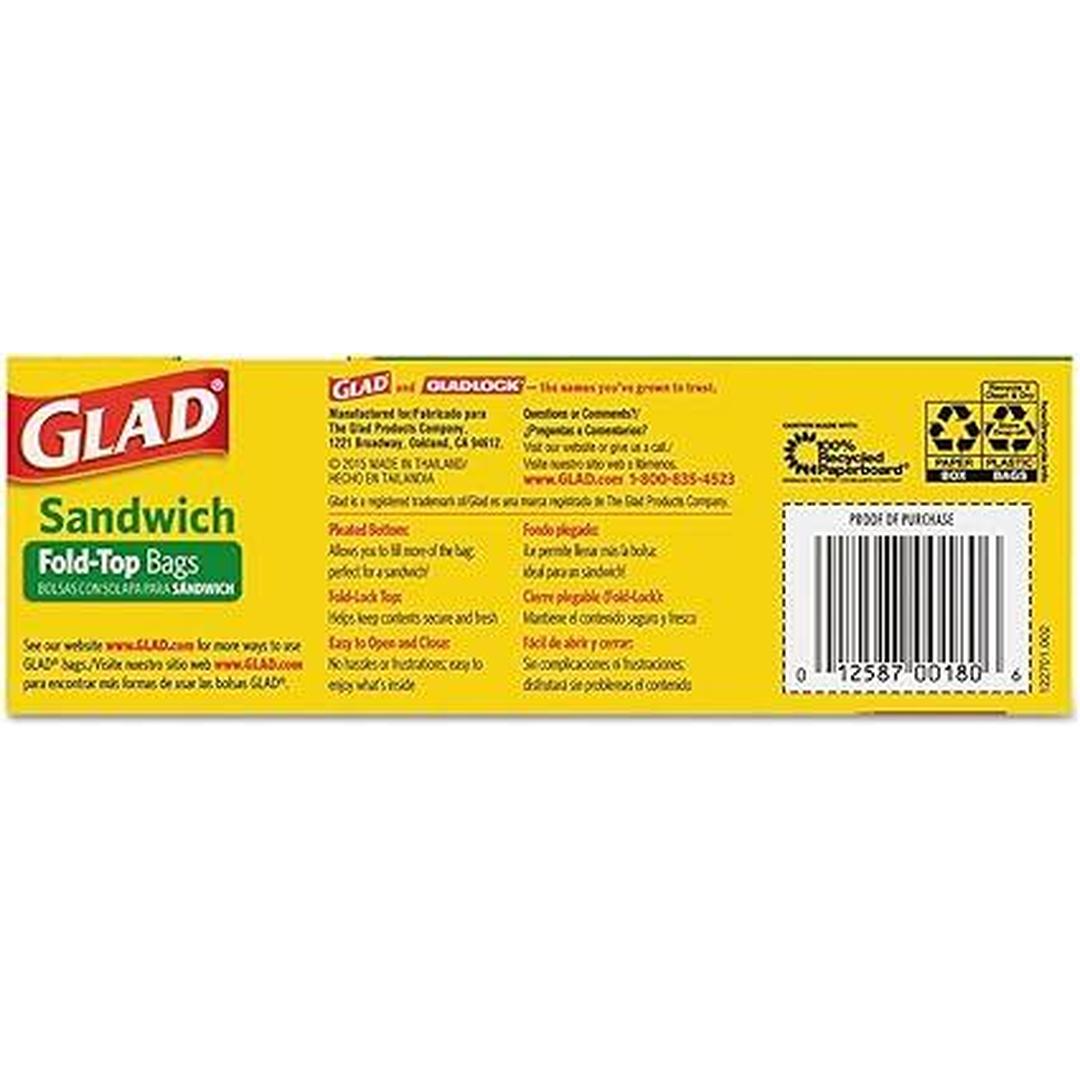 Glad 60771 Fold-Top Sandwich Bags, 6 1/2 x 5 1/2, Clear, 180 per Box, 12 Pack