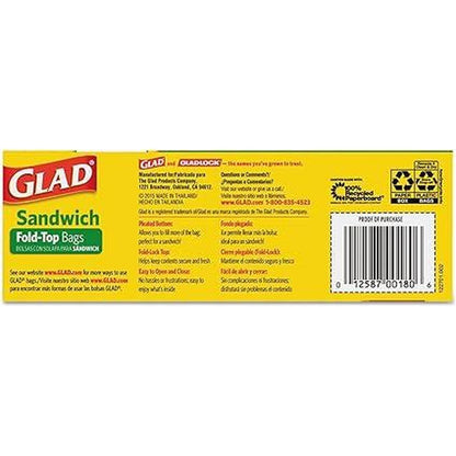 Glad 60771 Fold-Top Sandwich Bags, 6 1/2 x 5 1/2, Clear, 180 per Box, 12 Pack