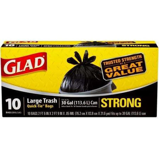 Glad Guaranteed Strong Large Quick-Tie Trash Bags, 30 Gallon, 10 Count